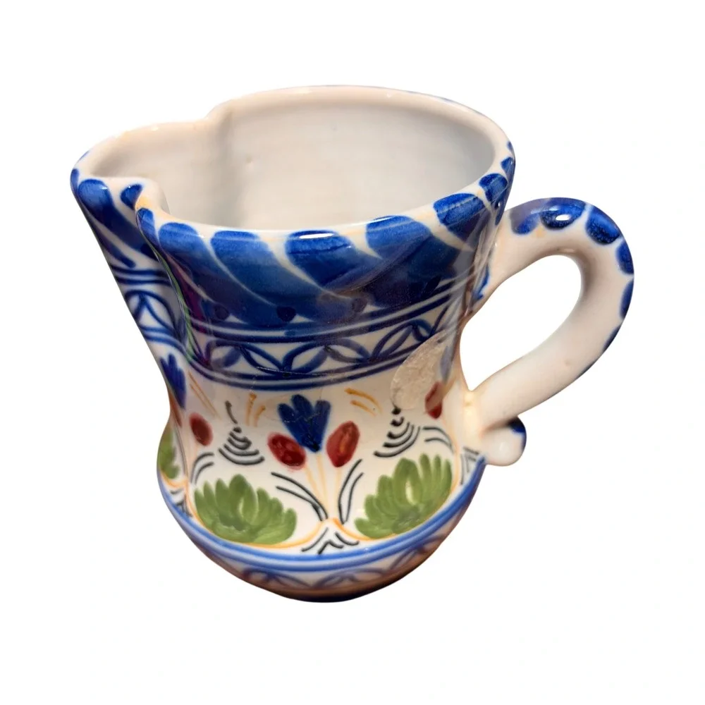 Hand Painted Folk Art Ceramic Pitcher Blue Floral Creamer Small Milk Jug Signed